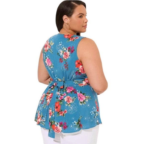 Torrid Floral Tank Blouse Sz.2 2XL Blue Sleeveless Peplum Boho Cottage Feminine - Picture 2 of 16